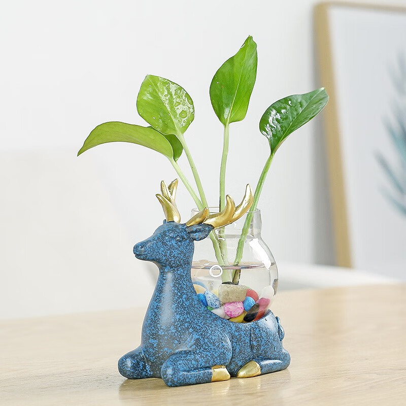 宇轩 创意玻璃摆件动物小花器花盆茶桌绿萝花插花瓶水培容器架 斑点鹿（蓝色）花器