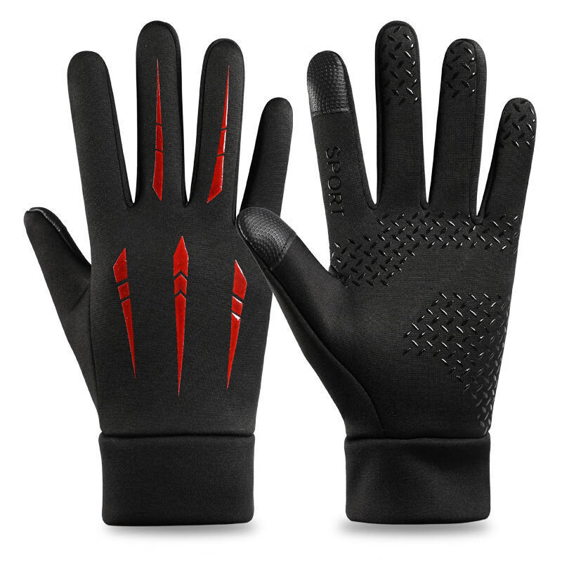 南博耐森自行车手套户外运动全指秋冬季触屏防滑防水防风抓绒保暖骑行手套 红色1双