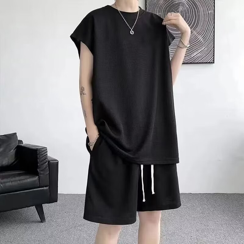 华夫格休闲套装男夏季冰丝无袖t恤男装一套搭配帅气潮牌运动衣服 黑色