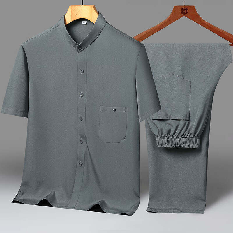 米翡莱老年服装老年男装60到70岁夏季套装爷爷爸爸中男士短袖中山领