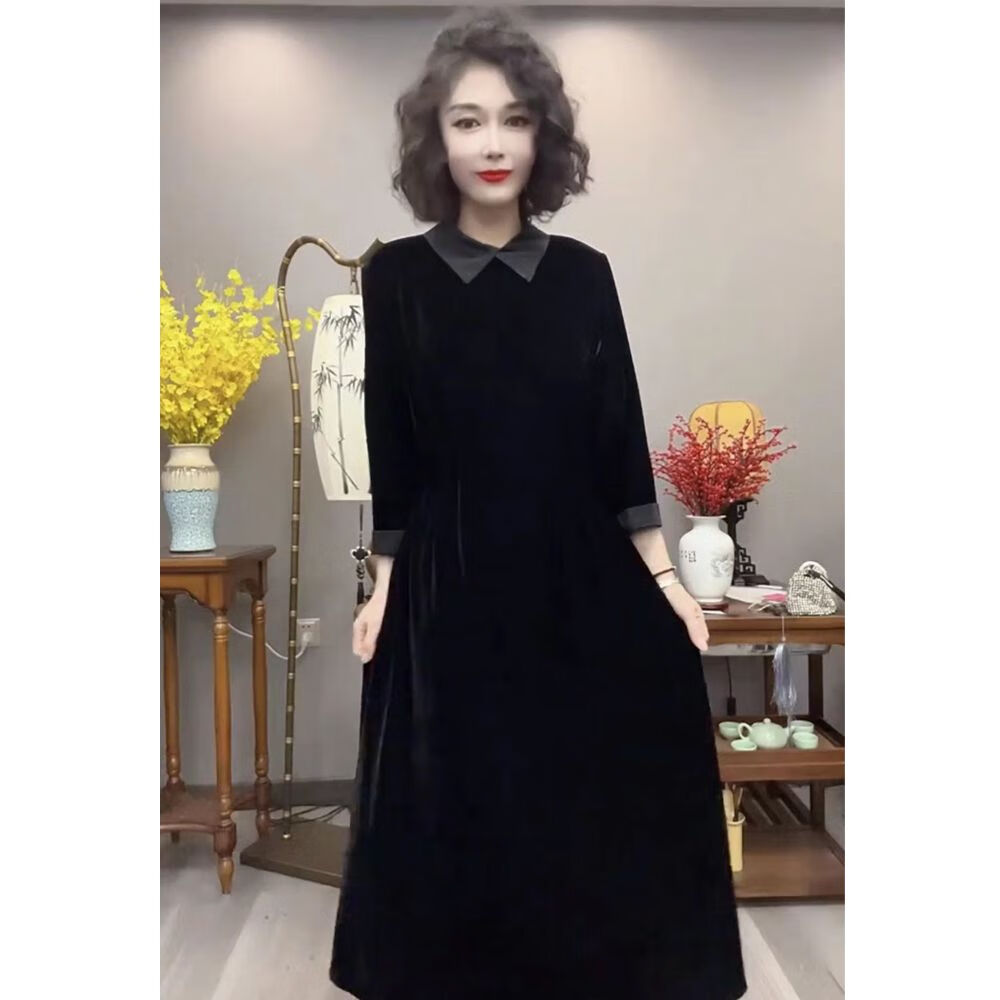 hiwish金丝绒连衣裙高级感年轻款2023秋季新款大码洋气百搭收腰显瘦