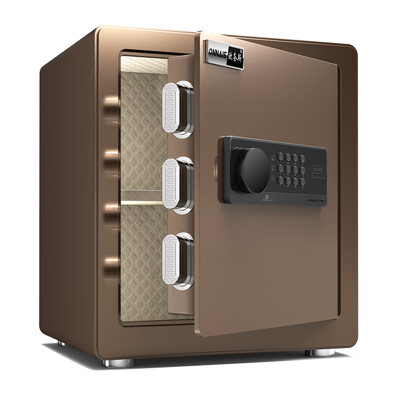歐奈斯保險柜家用小型25cm辦公密碼WIFI保險箱防盜指紋入墻報警手機智能新款商用保管箱床頭全鋼保管柜 40cm咖啡金電子密碼(遠程授權)