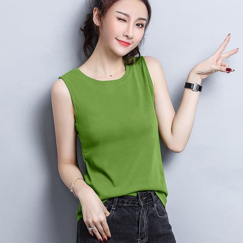显瘦小个子牛仔裤新款宽松背心带胸垫免穿文胸上衣抹茶绿 绿色带胸垫