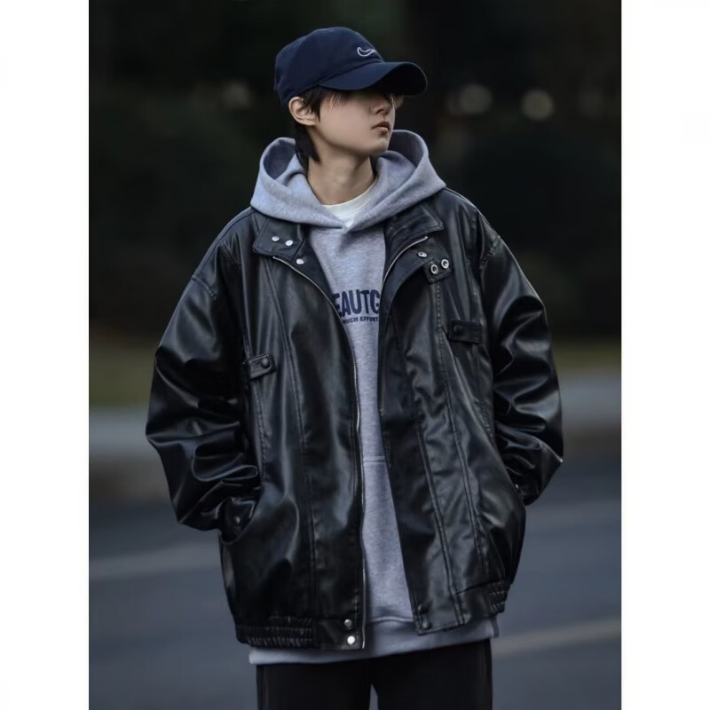 迪伽达美式复古夹克男韩版潮流秋冬新款皮衣男ins宽松加绒保暖黑色外套 WYXH-Y7714黑色 常规 XL [建议105斤-120斤】