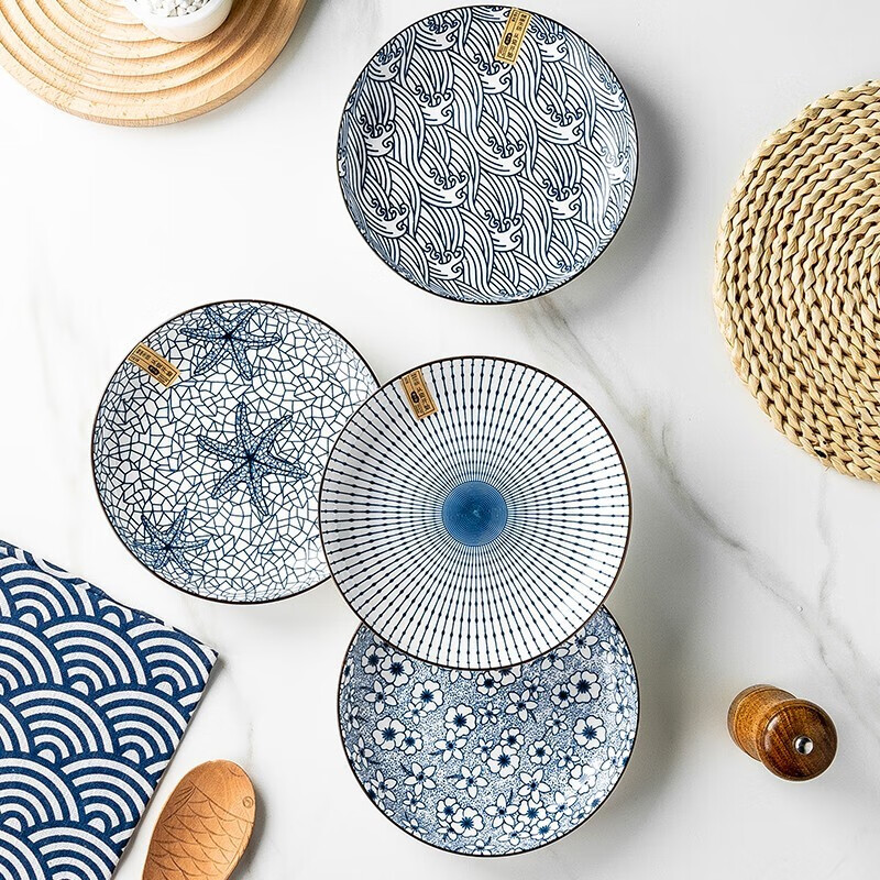 几物森林 陶瓷盘子日式创意餐具水果盘牛排盘碟子饺子盘家用精致菜盘组合 山田8英寸盘【混色4只装】