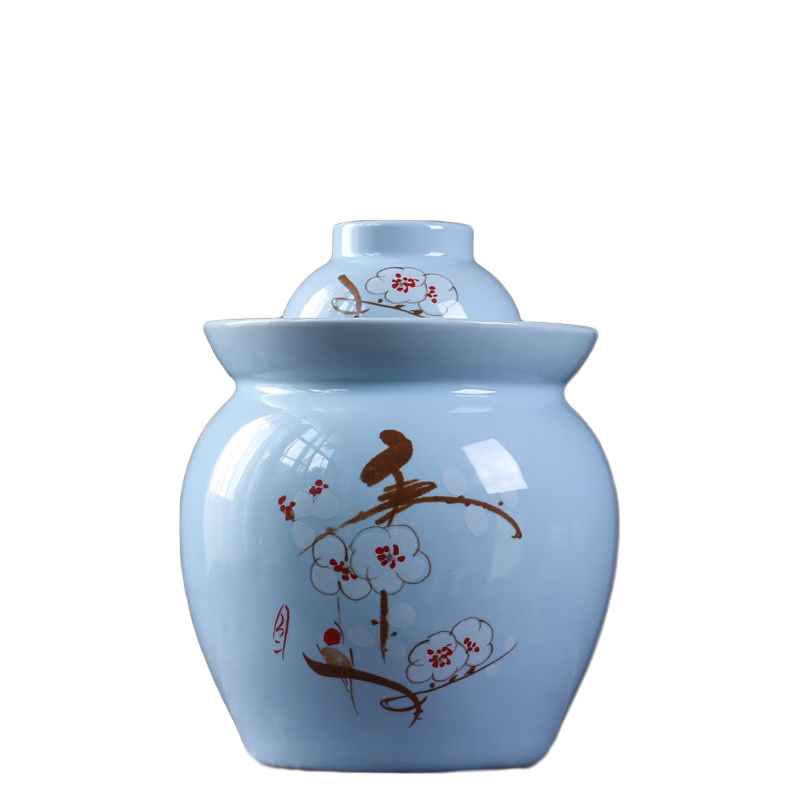 承啟泡菜壇子陶瓷家用咸菜的罐子密封四川泡菜壇景德鎮(zhèn)小泡菜壇泡菜罐腌菜壇子 7斤-青藍梅花-泡菜壇（贈送筷子+夾子）