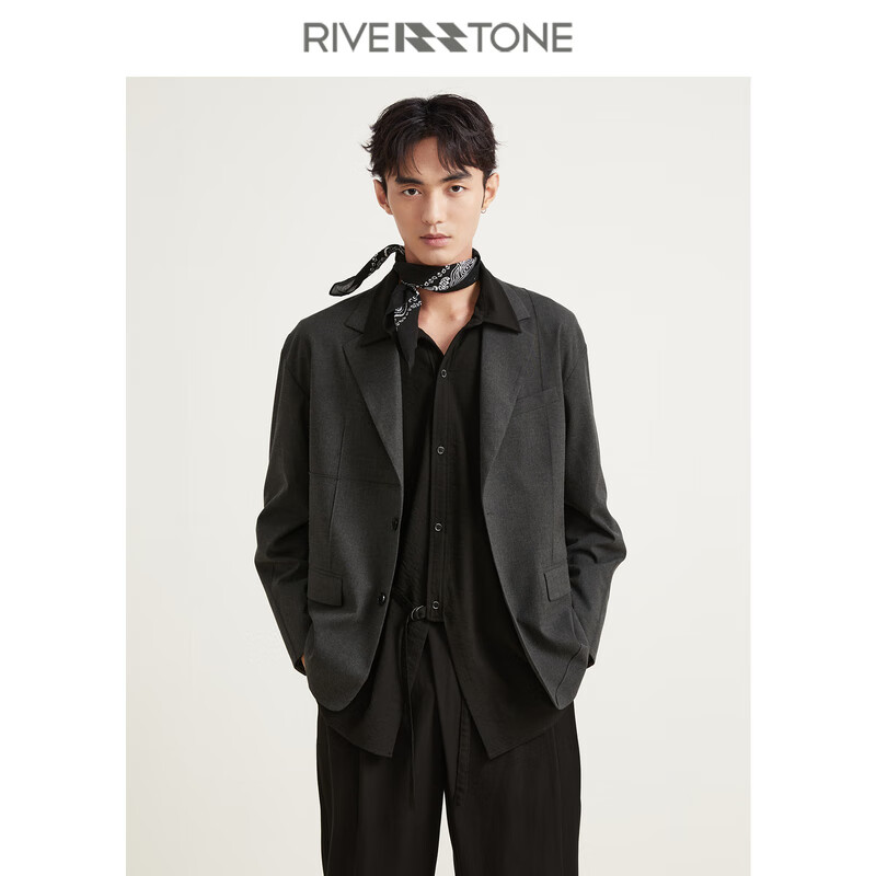 riverstone流石男装秋装宽松平驳领西服新款秋季男士设计休闲西装外套