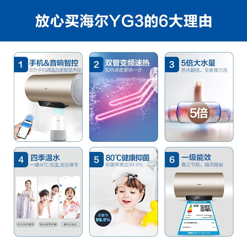 海尔（Haier）50升电热水器家用储水式变频速热 APP智控 一级能效专利2.0安全防电墙EC5002-YG3(U1)