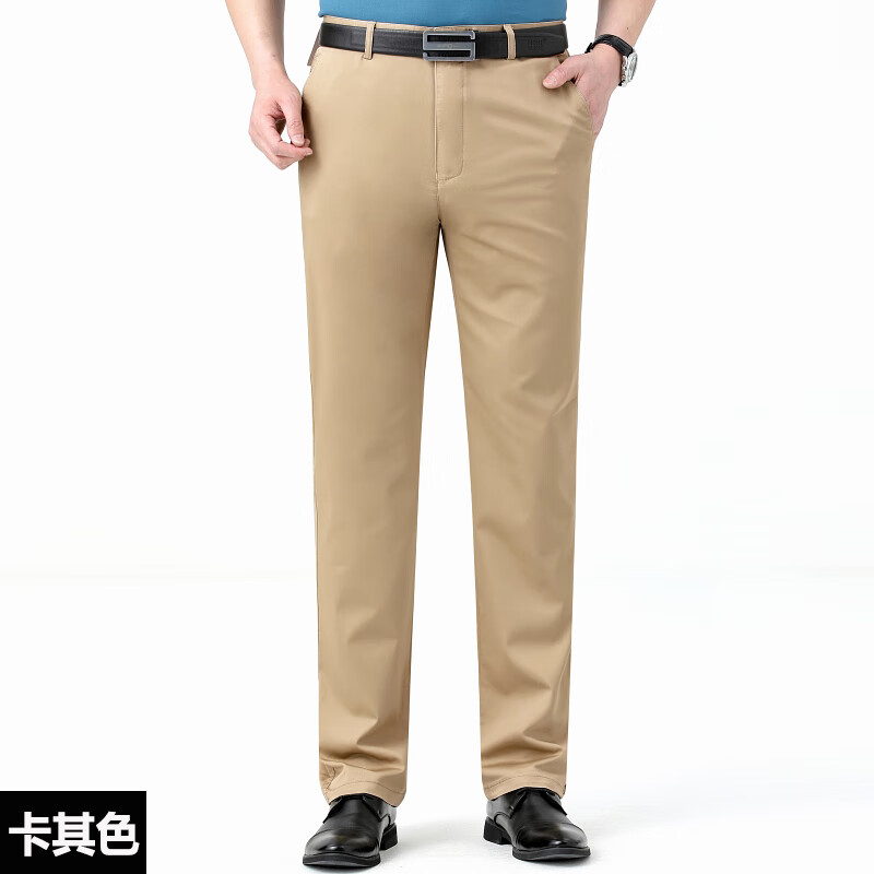 劲霸男装(k-boxing)休闲裤男夏季中年纯棉薄款男裤商务直筒免烫卡其色
