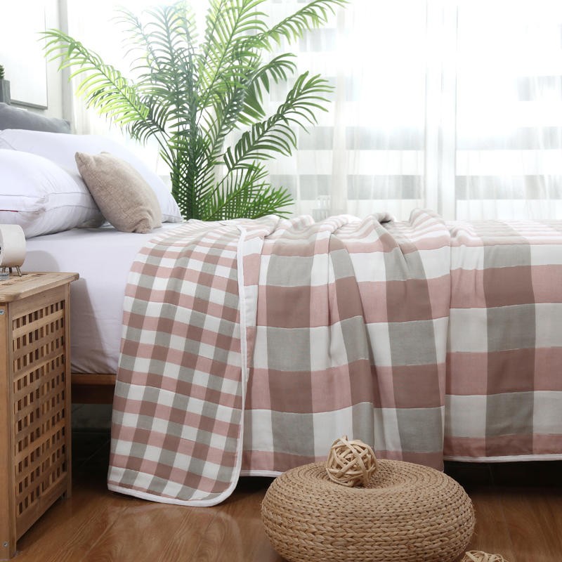 麦琪娜 全棉六层纱布毯子毛巾被夏凉被午休盖毯夏季被子空调被夏被 大格粉 90*100cm 婴儿毯