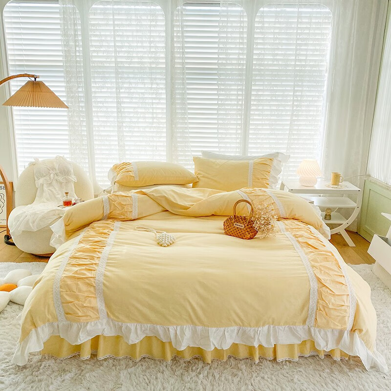 布里诺家纺 床上四件套纯棉韩式公主风被套被罩双人床上用品床裙4件套 思语-奶黄 1.5x2米床四件套(被套200x230cm)