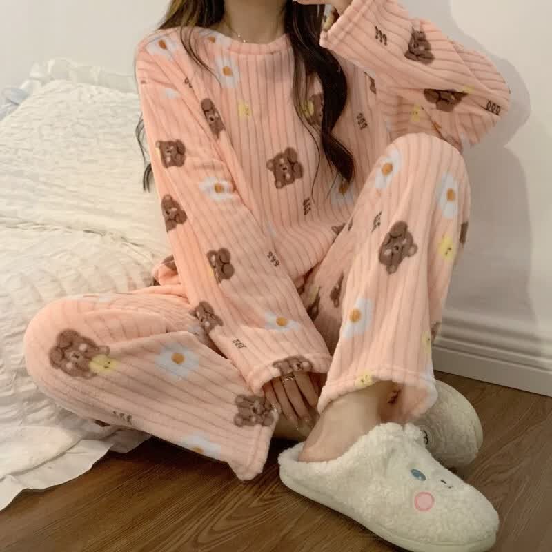 猴爪 暖暖套装女秋冬新宽松保暖家居服珊瑚绒休闲加厚桃子小熊外穿 粉色【小熊套装】 均码【80-140斤】高性价比高么？