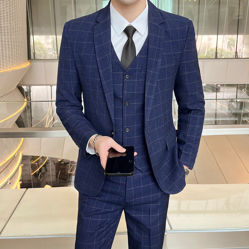 正装外套修身伴郎团礼服新郎结婚小西装 蓝色【西服 马甲 裤子 衬衫】
