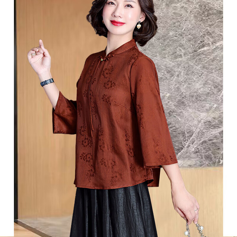 恩若凡香云纱上衣七分袖的女2023高端气质中年50岁妈妈遮肉显瘦小衫