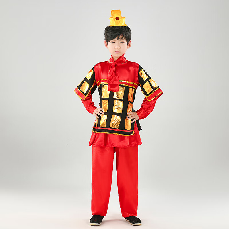 古装汉服演出儿童红色铠甲岳飞花木兰士兵衣服 红色铠甲 头饰 100cm