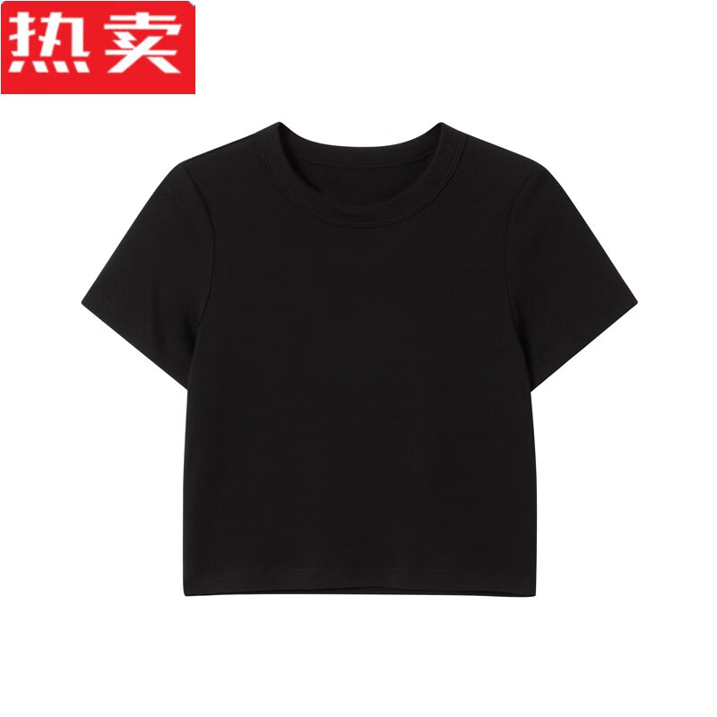 圆领短袖t恤女夏季2023年新款简约修身棉正肩短款上衣 黑色 s 模特码