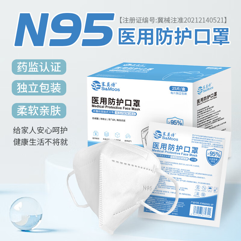 塞莫诗一次性N95医用口罩 五层过滤加强预防防尘防细菌飞沫透