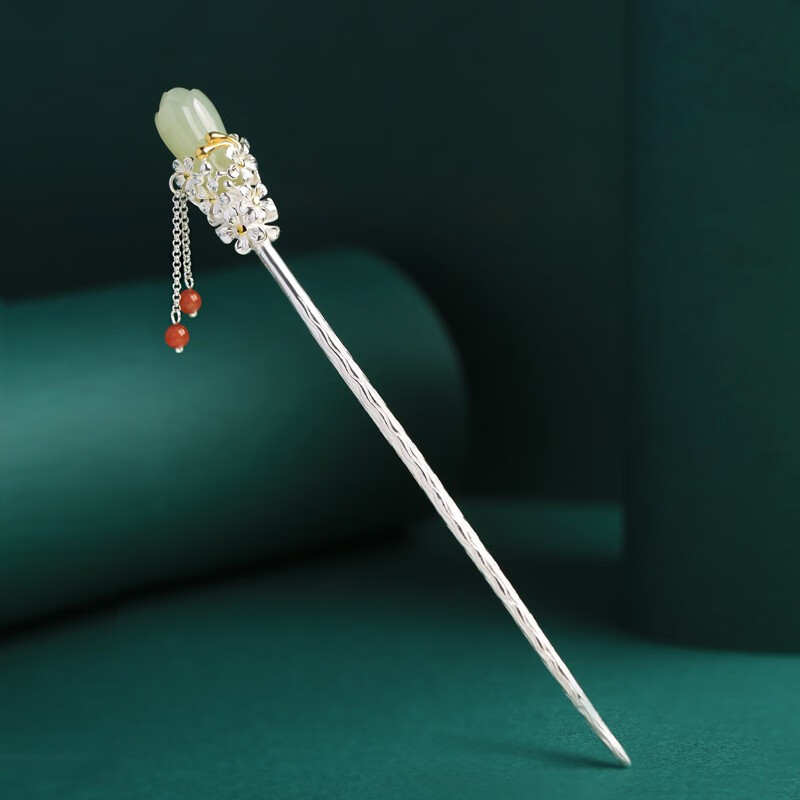 资微黛官方和田玉步摇发簪女s925银玉兰花流苏古风感盘发钗子玉簪子