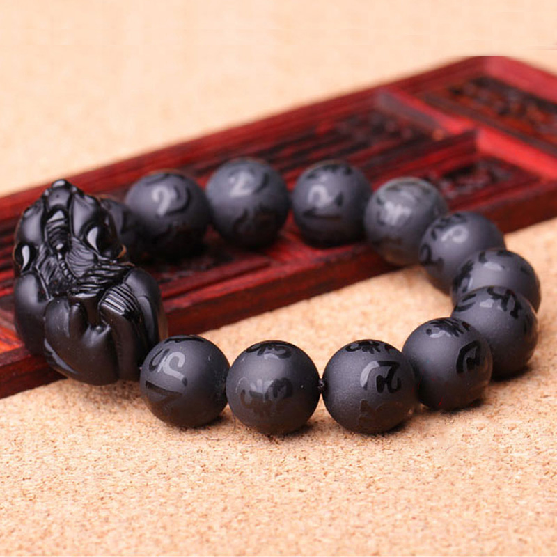 慈灵阁 黑曜石貔貅手链 振翅得财明咒五帝钱招财貔貅男士手串男 14mm