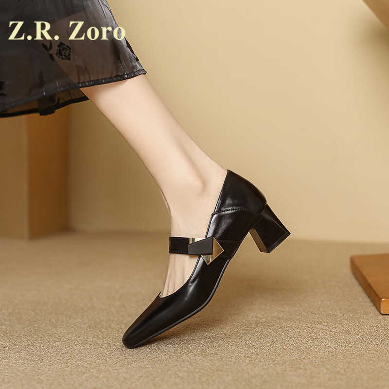 zoro奢侈高档品牌高跟鞋女春季新款浅口方头法式一字带百搭粗跟单鞋