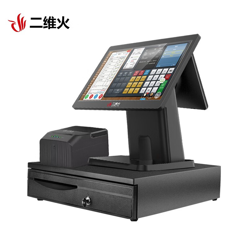 二维火(2Dfire) 双屏组合收银机一体机 百货超市餐饮触屏收款机 点单系统收款机1080P 黑色(15.6+10.1英寸) 套餐一