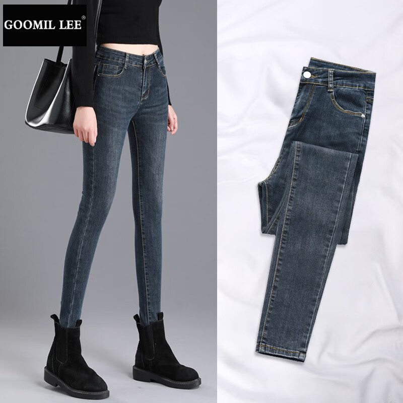 lee高腰牛仔裤女修身冬装新款显瘦女士长裤紧身小脚裤子 蓝灰色(单裤)