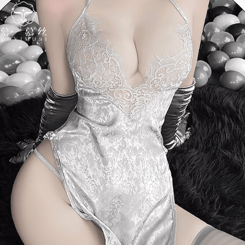 蕾丝睡衣夫妻房事刺激开档制服套装免脱 灰色【挂脖开叉旗袍】 模特袜