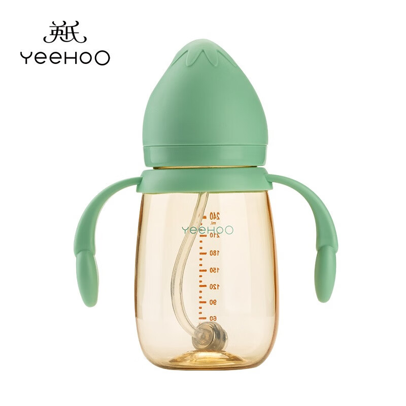 英氏（YEEHOO）英氏新生婴儿宽口奶瓶0-3-6个月PPSU大宝宝1岁以下抗摔吸管奶瓶 轻奢绿240ml