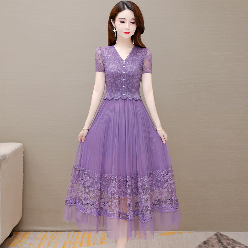 妈妈穿的高贵连衣裙喜婆婆婚宴装礼服短袖蕾丝女春夏季中年妈妈 紫色