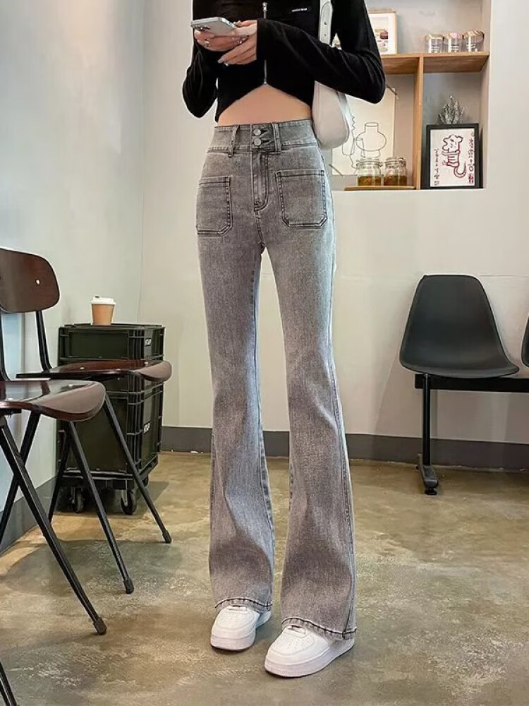 汇诗尚显瘦气质 特大码300斤胖mm松紧高腰喇叭牛仔裤女款修身显瘦微喇长 烟灰色 4XL 建议180-210斤