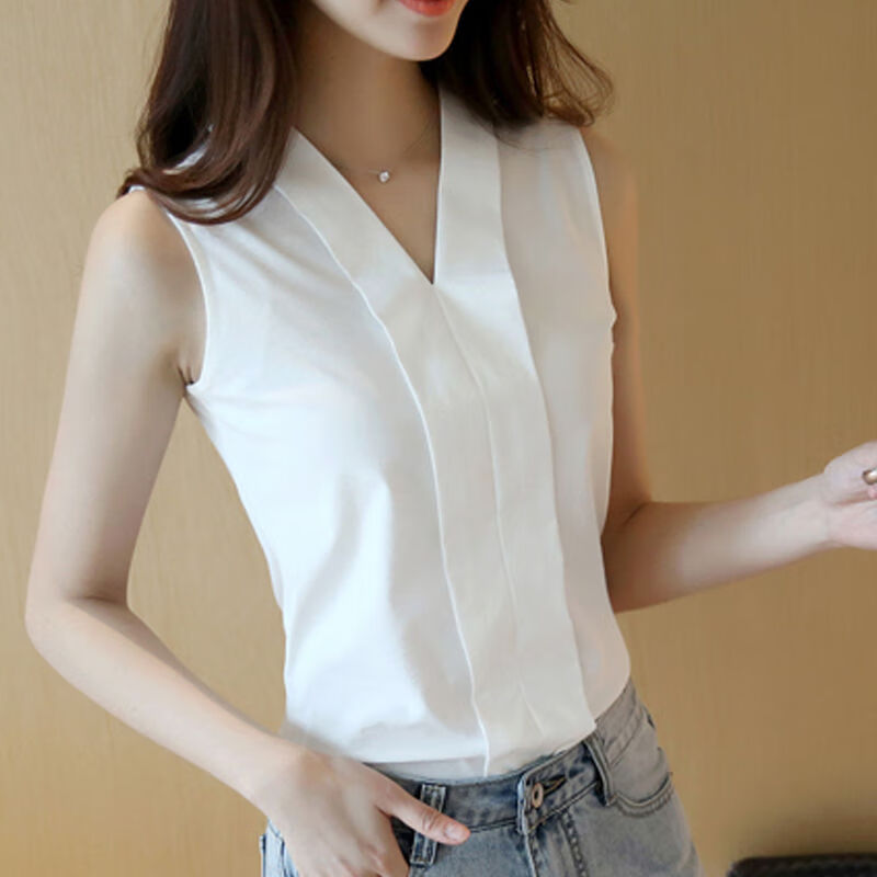 青青日志夏装加无袖t恤女上衣韩版百搭v领打底背心 v领衬衫 m