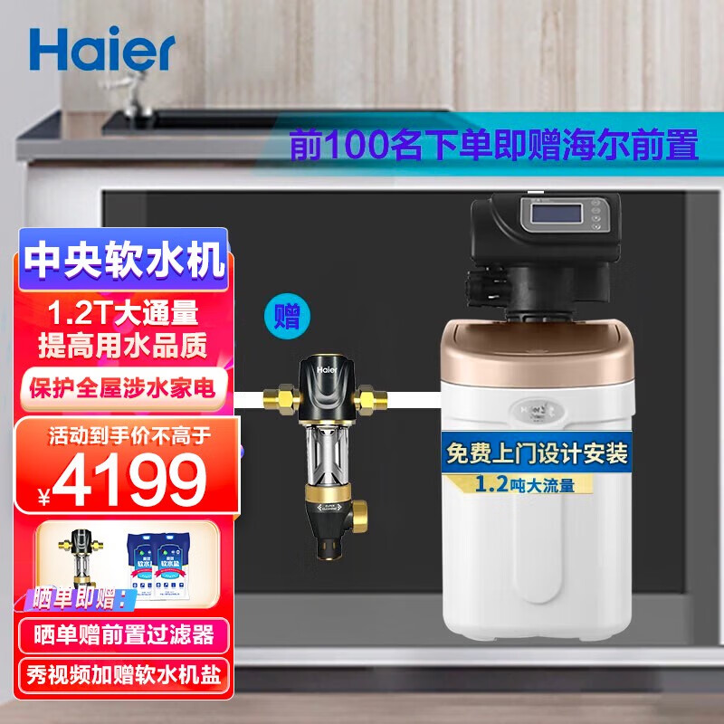 海尔（Haier） 中央软水机净水器家用全屋软水系统别墅公寓全自动除垢软化水质 HSW-WS6(B) 1.2T性价比优选款