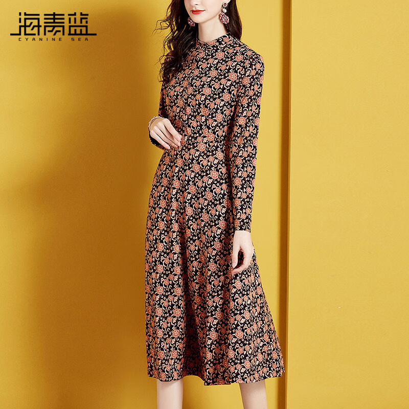 海青蓝(cyanine sea)洋气碎花裙子春秋新款女装时尚印花裙子长袖圆领