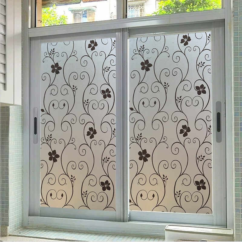 皇昇免胶磨砂玻璃贴膜办公室窗户卫生间防窥不透人玻璃贴纸透光不透明 加厚免胶【黑花藤】防窥隐私好 5米长*90厘米宽【送贴膜工具】