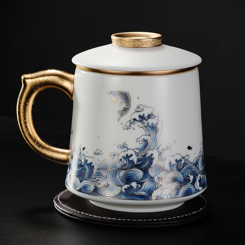 未心 渡景山房德化白瓷办公杯羊脂玉瓷泡茶杯水杯分离带盖陶瓷 羊脂玉