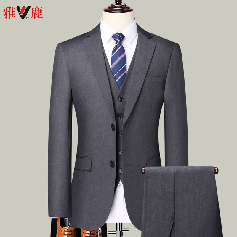 雅鹿西服套装男士商务正装修身小西装新郎伴郎礼服 灰色两扣stz m