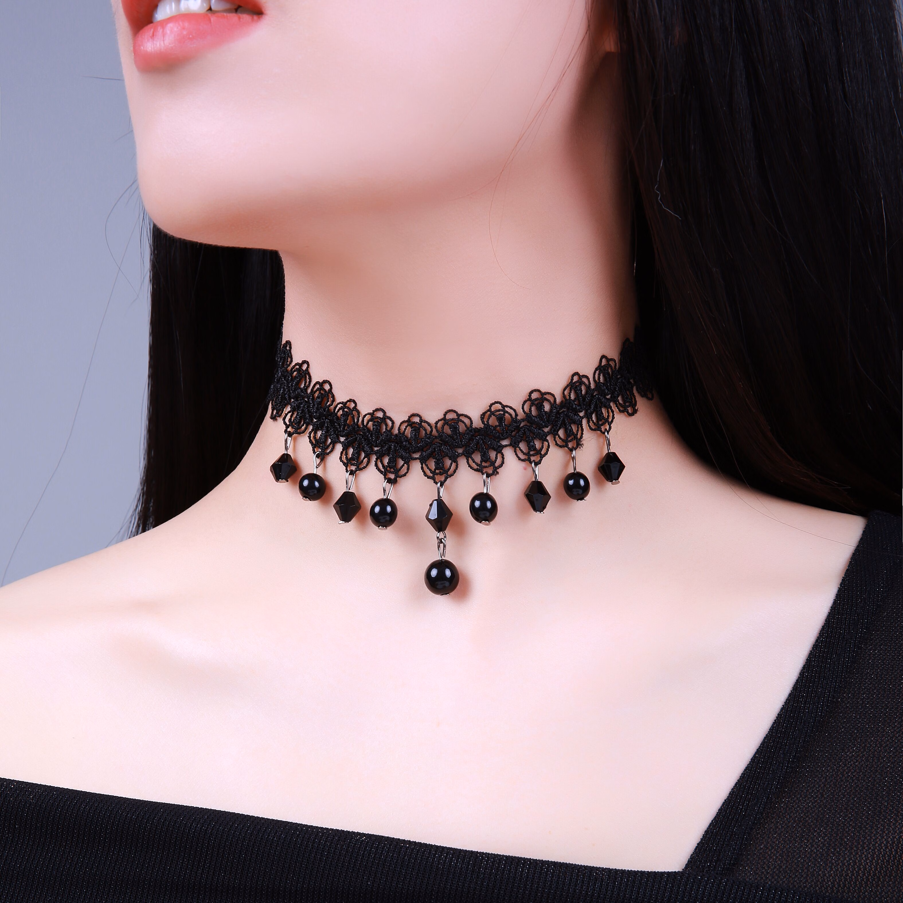 荷蓝珠项圈颈链锁骨链女夏颈带脖子蕾丝配饰品短款年新款项 黑色b