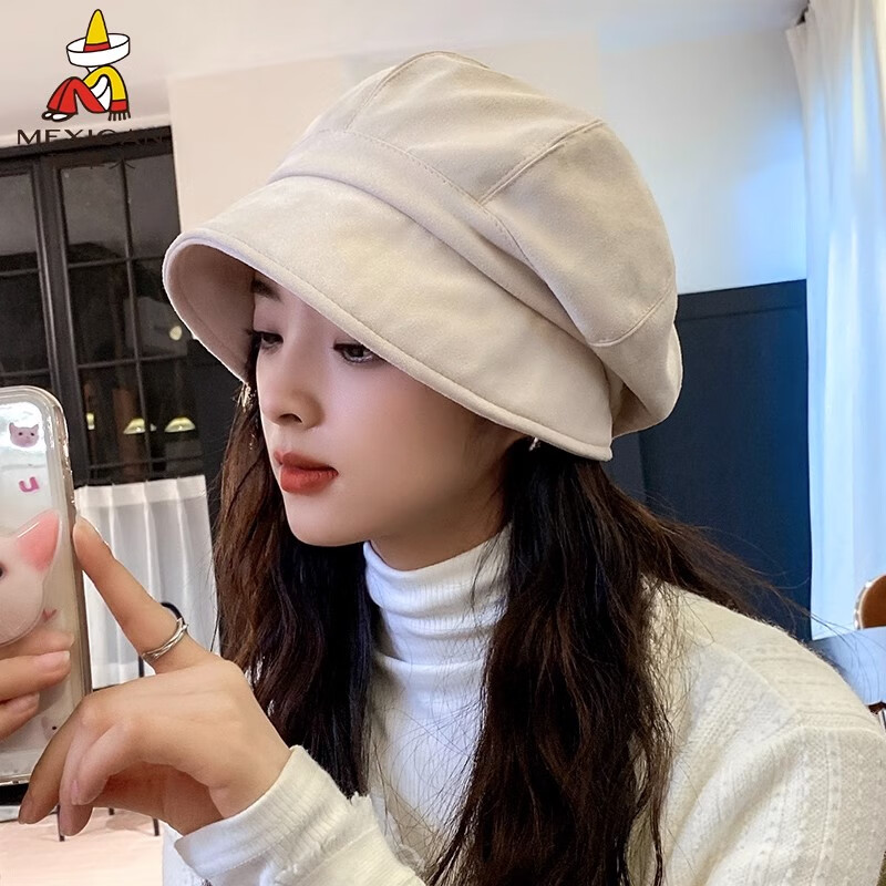 稻草人帽子女新款百搭麂皮绒贝雷帽日系大脸适合大头围显脸小八角帽洋气 米色 均码