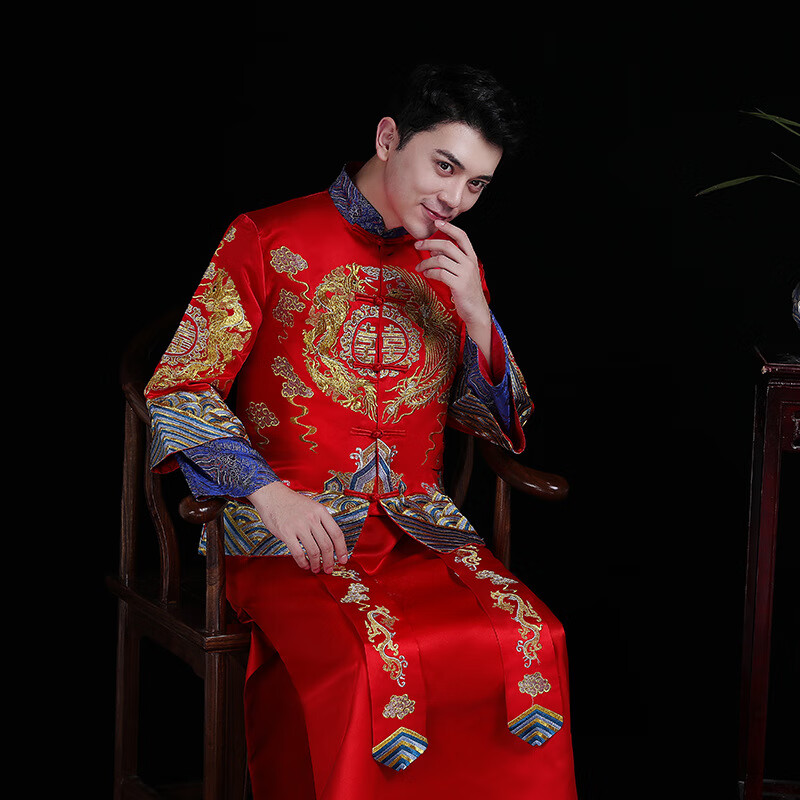 纤晟伊秀禾服男2023新款新郎服中式婚礼结婚礼服唐装中国风汉服婚 蓝