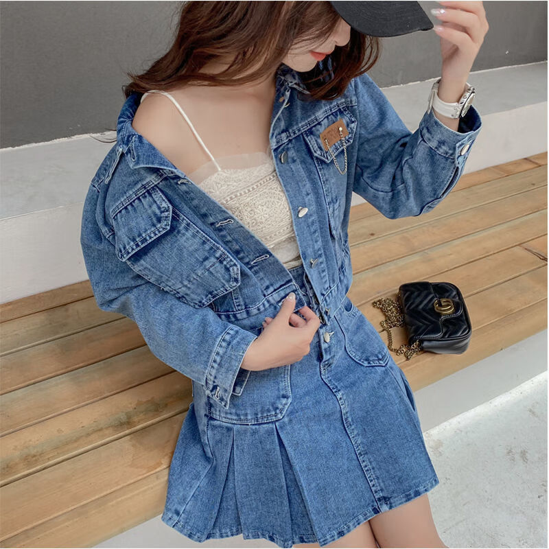 悦娴衣服套装女春秋时装牛仔秋季韩版短外套洋气百褶裙减龄气质外穿两