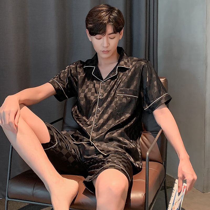 加肥加大睡衣男胖子特大碼300斤冰絲夏季短袖寬松休閑青少年家居服套裝 661#方格黑色 雙短 男5XL碼[200-220斤]