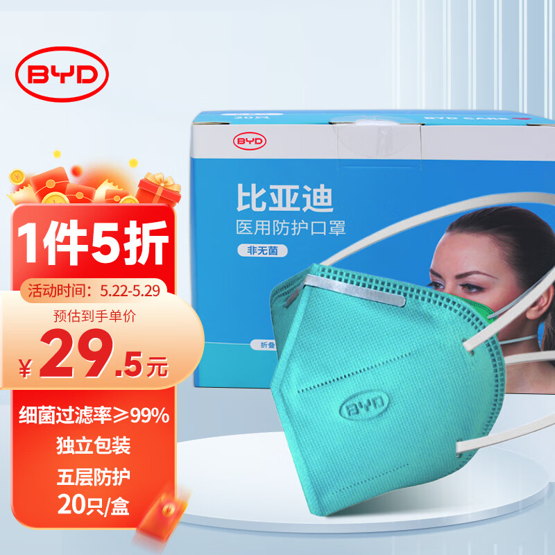 比亚迪(BYD) N95过滤级成人医用口罩 五层防护舒适透气3D立体头戴式防风沙防尘口罩 20只独立包装