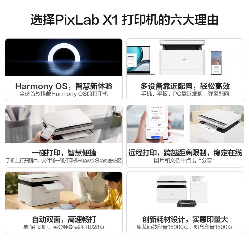 华为黑白激光多功能打印机 HUAWEI PixLab X1 支持打印复印扫描/搭载HarmonyOS/一碰打印高速打印自动双面A4