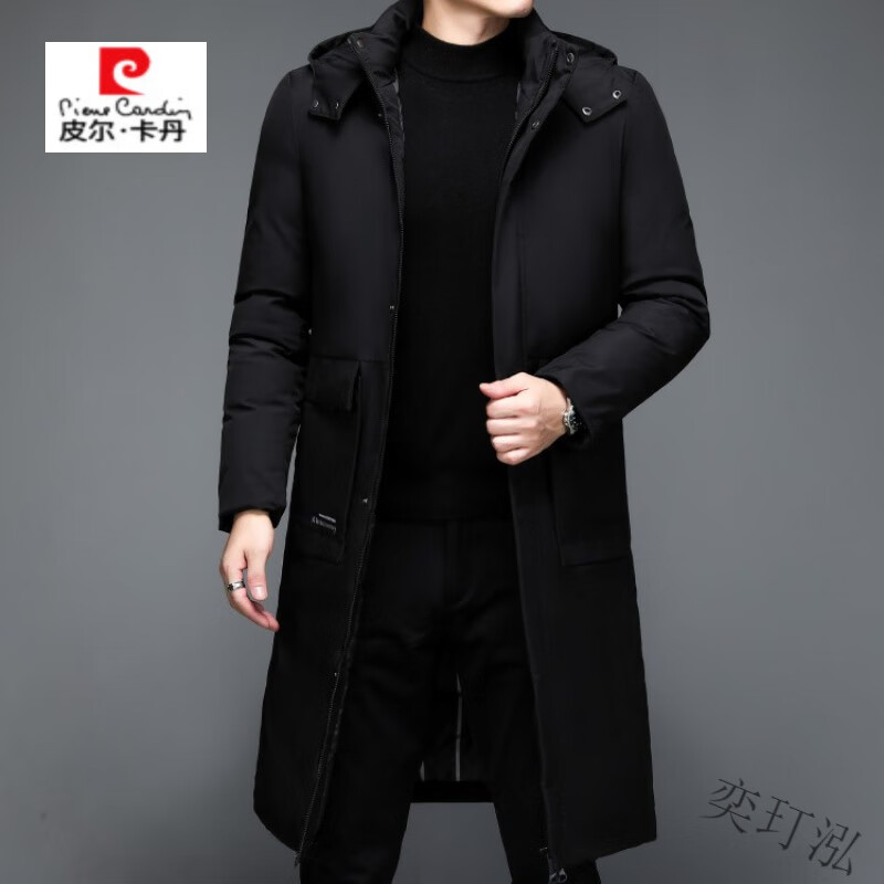 皮尔卡丹（pierre cardin）羽绒服男士冬季男加厚过膝长款中青年爸爸装东北大衣抗寒连帽外套 黑色 165