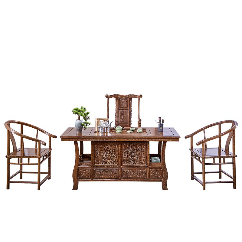 景典 红木家具 非洲鸡翅木(学名:非洲崖豆木)茶桌 实木茶桌中式客厅餐厅办公室茶几套装组合功夫茶台 1.28米茶桌+5将军凳