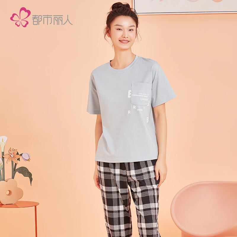 都市麗人睡衣女套裝可外穿初秋薄款印花格子棉質(zhì)長(cháng)褲短袖情侶款家居2H22B8