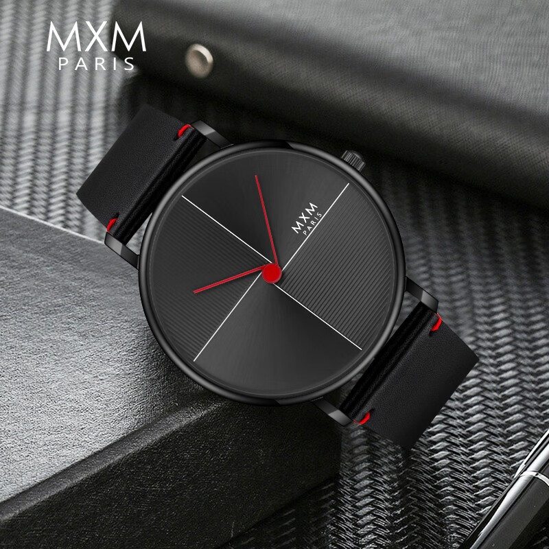 MXM手表男士新款简约创意概念男表学生石英表男款腕表超薄个性简单手表潮流 酷趣黑