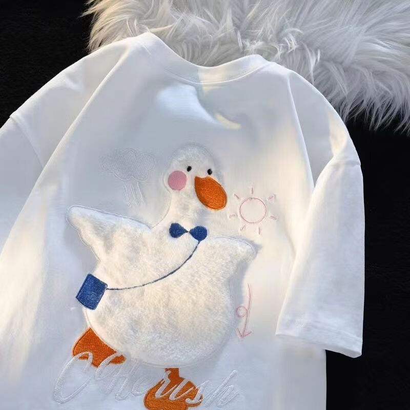 的新款毛绒鸭子短袖女ins潮夏3d立体绣花 m4长嘴鸭白色【重磅200克】