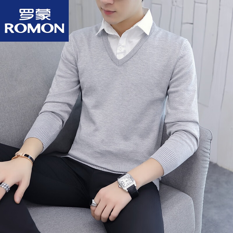 羅蒙（ROMON）毛衣男士假兩件套韓版修身帶雞心襯.衫領(lǐng)針織衫內(nèi)搭打底毛線衣 淺灰色8831襯衣領(lǐng)V 領(lǐng)款 常規(guī) M