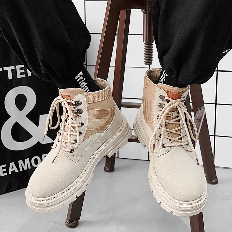 凊知柠马丁靴男鞋秋季高帮英伦风复古机车皮靴男生厚底增高防水工装短